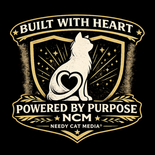 Needy Cat Media Built With Heart Powered By Purpose badge created in 2026